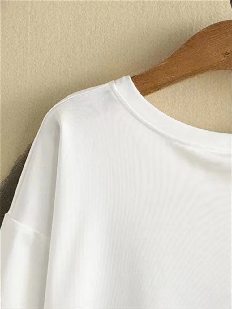 qgtao Plus Size Clothes For Women In Summer Short Sleeve Cotton T-Shirt Large Bow Decoration In Mesh Fabric Large Size Cotton Tops
