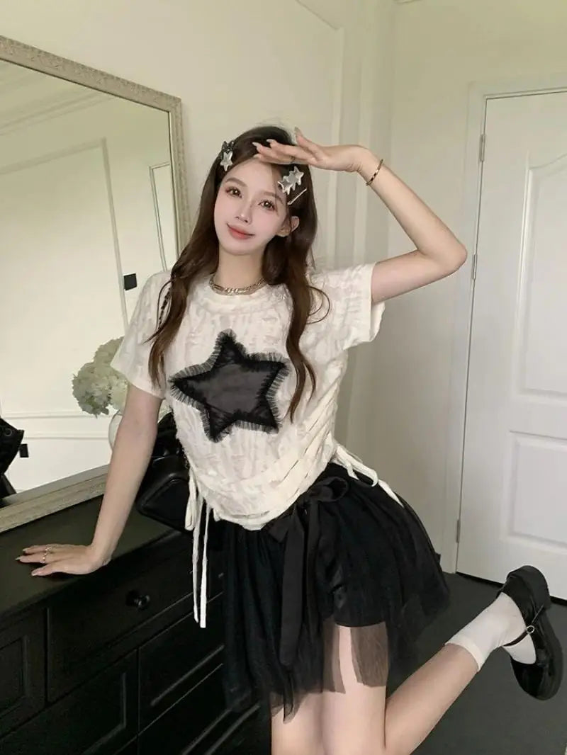 qgtao Y2K T Shirts Women Summer Short Sleeve Top Female Harajuku Fashion Star Print Tee Ladies Vintage Hotsweet Drawstring Camisetas