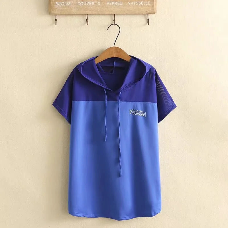 qgtao 2024 Plus Size Clothes For Women In Summer Wear Short Sleeve Hooded Mesh Stitching Breathable Fabric Large Size High Quality Tops