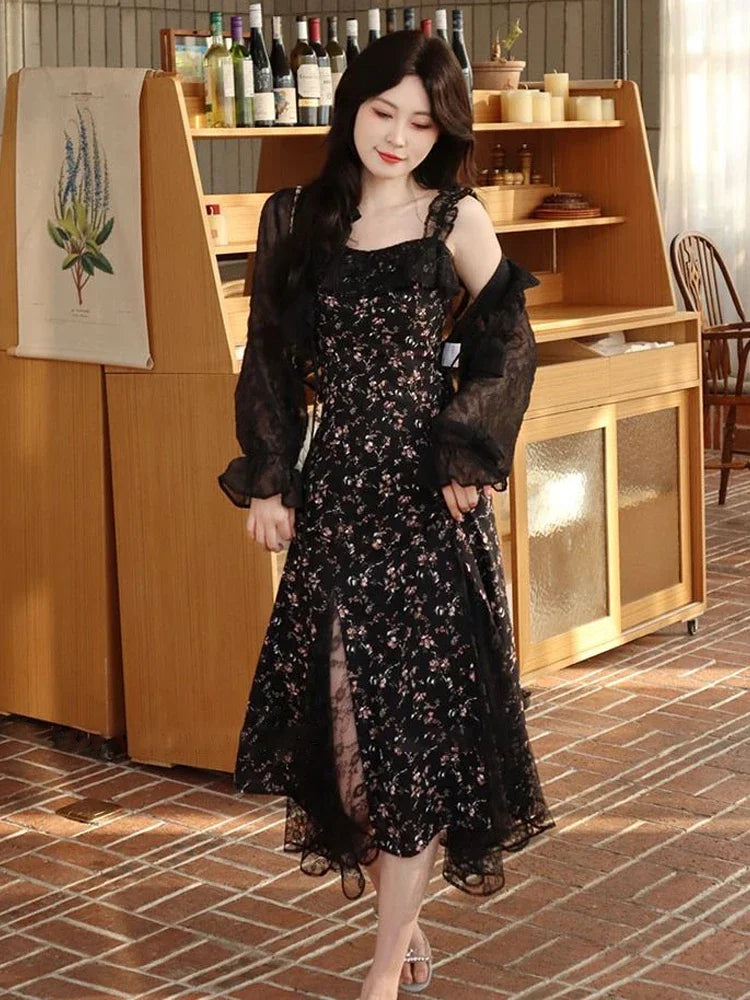 qgtao Sexy Elegant Floral Fairy Strap Dress Women Lace Design Korean Slim Party Dress Female 2024 Autumn Black Causal Sweet Midi Dress