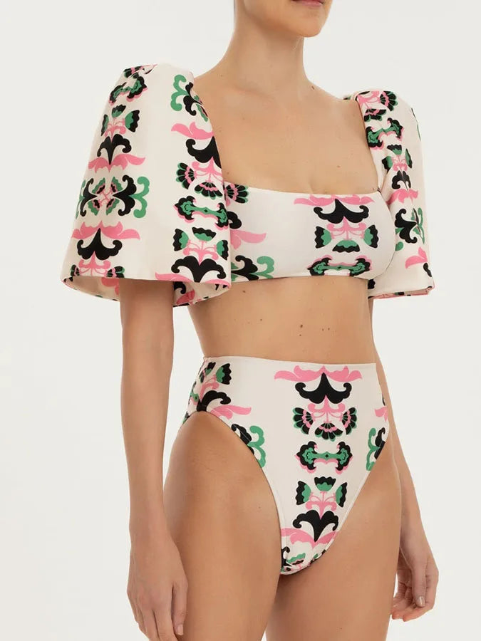 Print Twisted Flower Puff Sleeve Swimsuit New Sexy Bikini 2022 Plus Size Tankini Women Swimming Suits Women Swimwear 2024