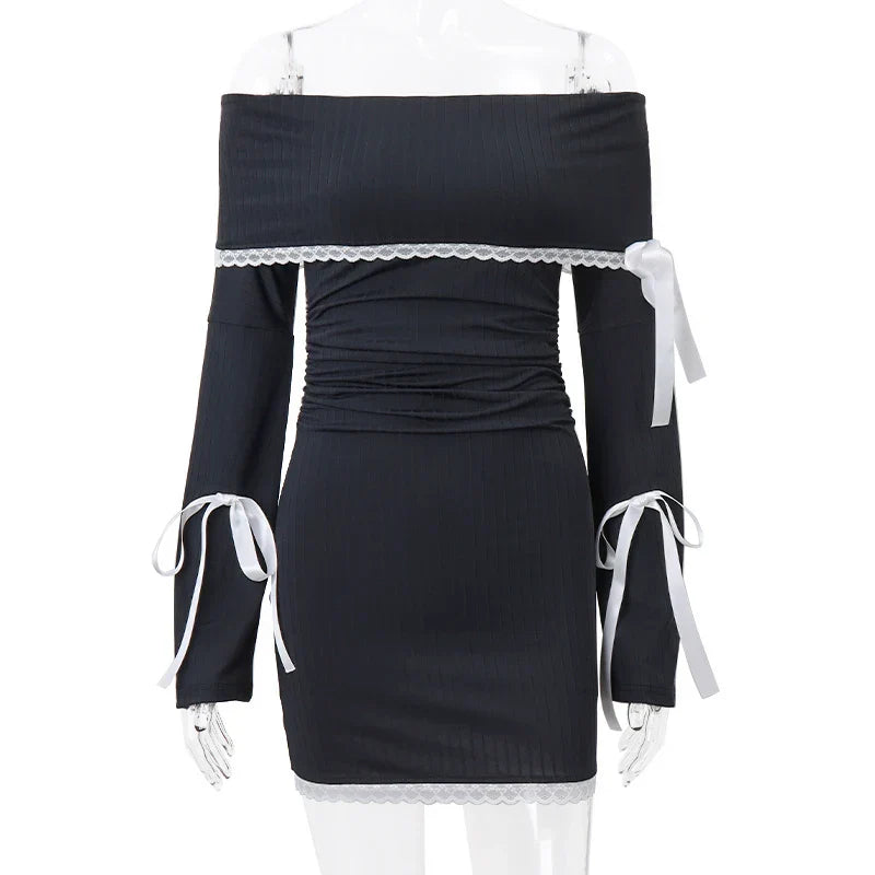 qgtao-Coachella Valley Music Festival Outfits,Graduation Gift,Elegant Slash-neck Long Sleeve Dress Sexy Lace Patchwork Multi Bow Bandage Mini Dress Autumn Street Party Women Vestidos