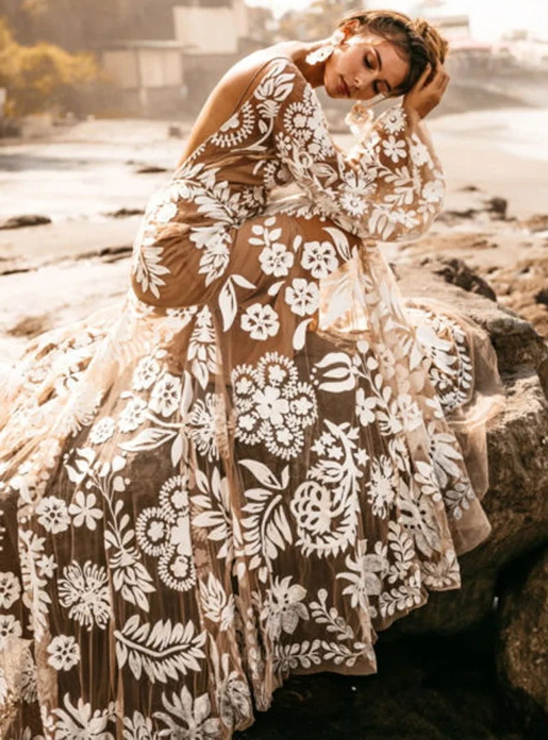 Bridal Luxury Evening Dresses Slim Fit Puff Sleeve V-Neck Long Sleeved Floor-Length New of Print Chiffon Dress Women