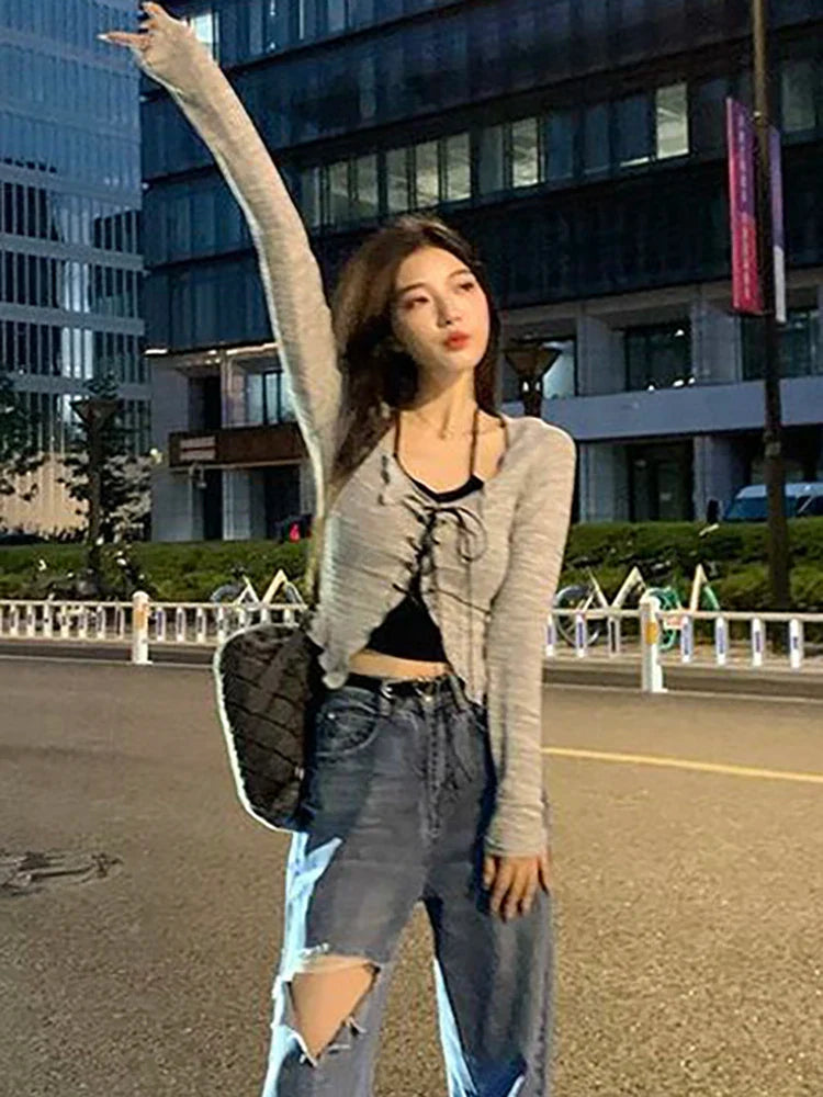 qgtao Sexy Lace Up Crop Tops Women Black Halter Slim Tees And Grey Long Sleeve Top Two Pieces Sets Female Korean Y2k Tshirt Summer