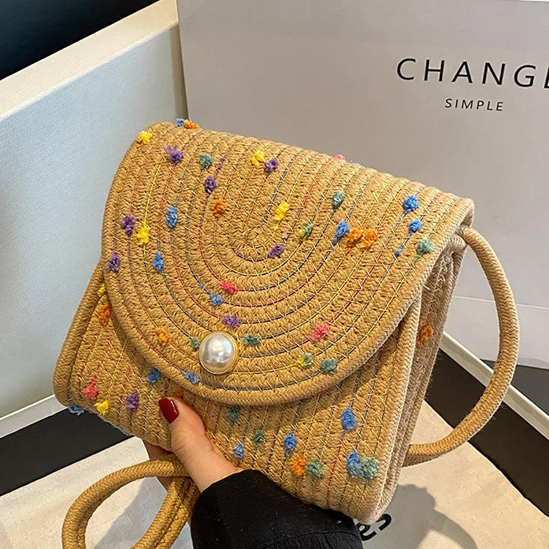 qgtao Summer New Straw Small Square Bag Fashion Pearl All-match Colorful Dot Crossbody Bag Women's Popular Braided Handmade Beach Bag
