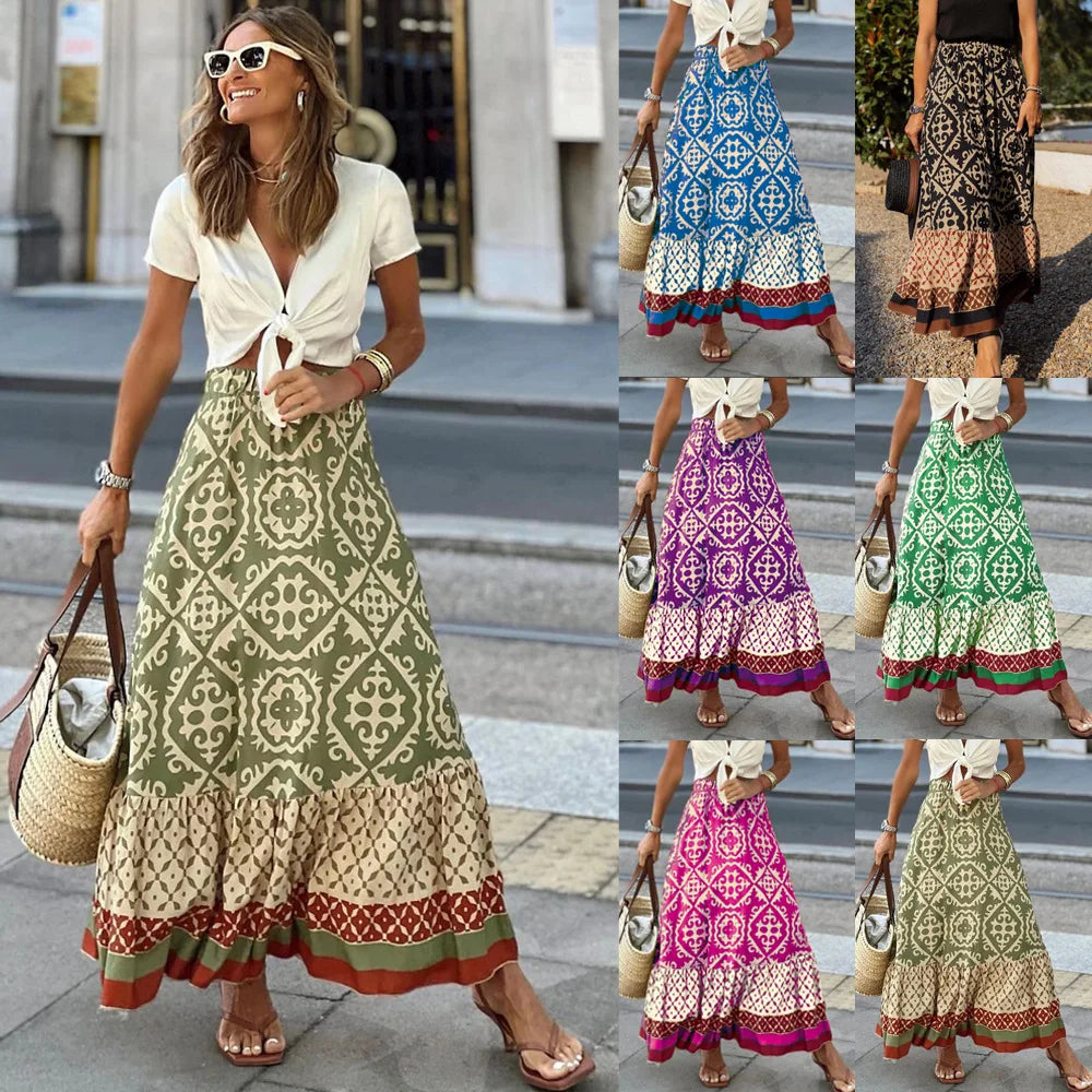 Summer Women's Half Skirt Vintage Pattern Print High Waist Loose Skirt Casual Ladies All-match A-Line Beach Long Skirts 2024