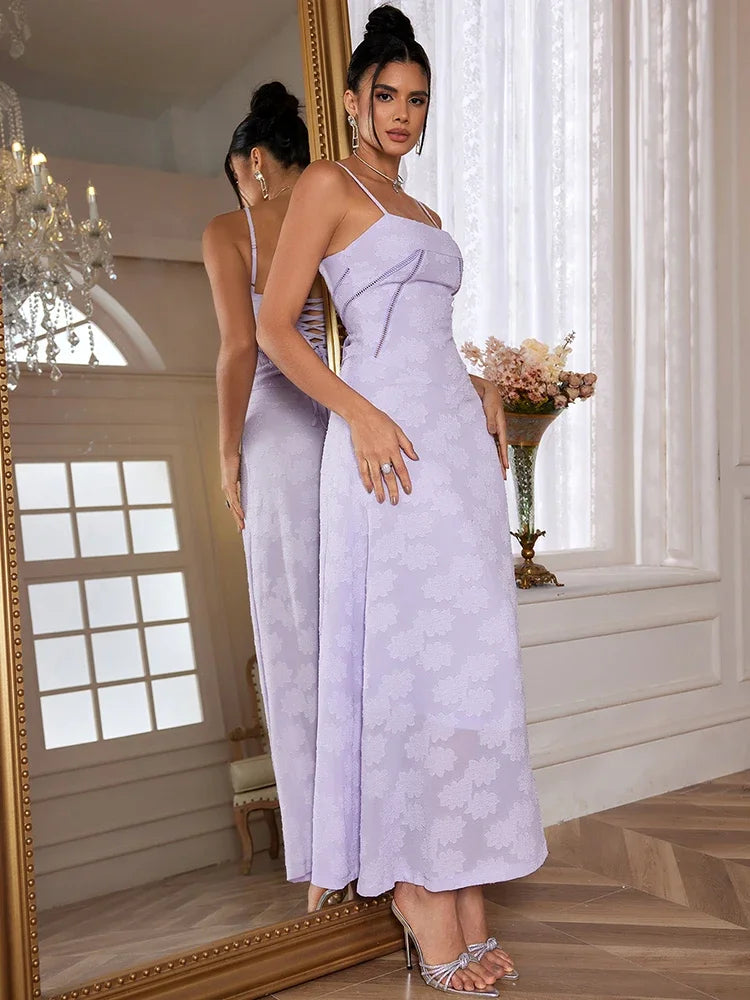 qgtao New Summer Elegant Maxi Dress 2024 New Arrival Purple Spaghetti Strap Wedding Guest Dress Lace Up Party Dresses