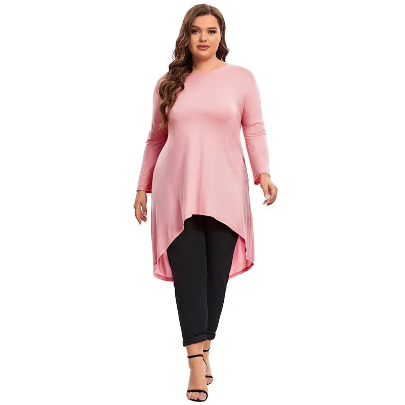 qgtao Plus Size Long Sleeve Elegant Tunic Blouse Women Long Hi Low Fit Flare Spring Autumn Swing Tops T Shirt Large Size Clothing 7XL