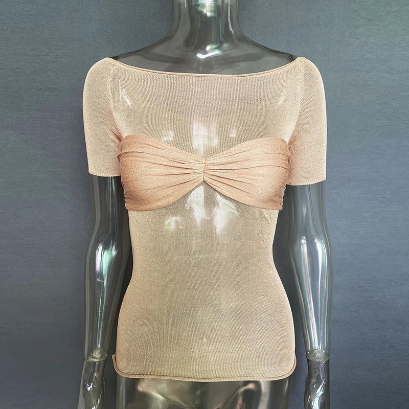 Mozision See Through Mesh Crop Top Women Pullovers Strapless Short Knit Cropped Tops Ladies Tee Shirt Sexy Off-shoulder T-shirt