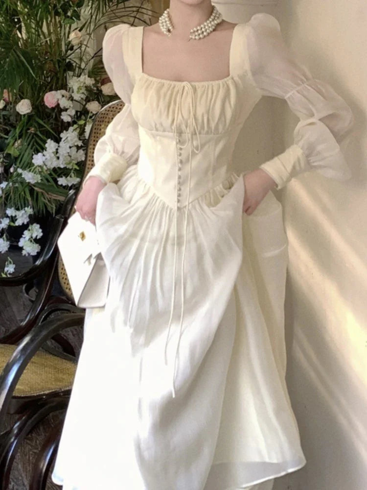 qgtao Autumn New Princess Midi Dresses for Women Square Collar Slim Waist Puff Sleeve Vintage Chic Female Clothing One Piece Vestido