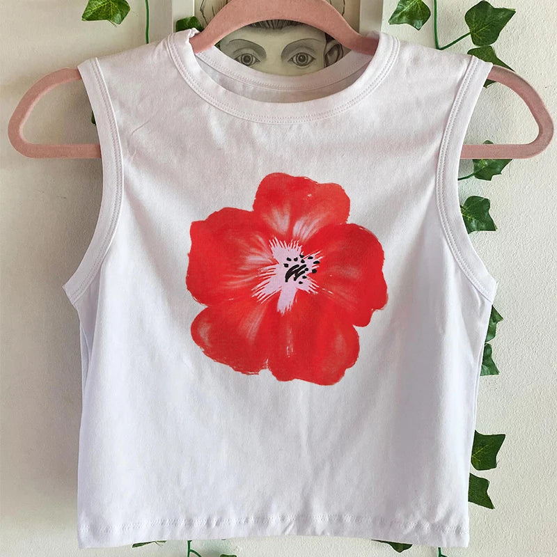 qgtao Sexy Summer Crop Tops Aesthetic Flowers Graphic Baby Tee Goth Harajuku Y2k Style Short Sleeve Camis Vintage Woman 2000s T-shirts