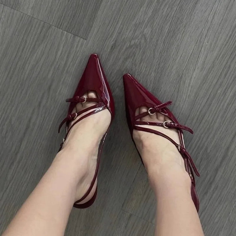 qgtao 2024 Summer New High Heels, Women's Sexy Hollow Black Silk Pointed One-line Buckle Skinny Heel Sandals, Women's Shoes