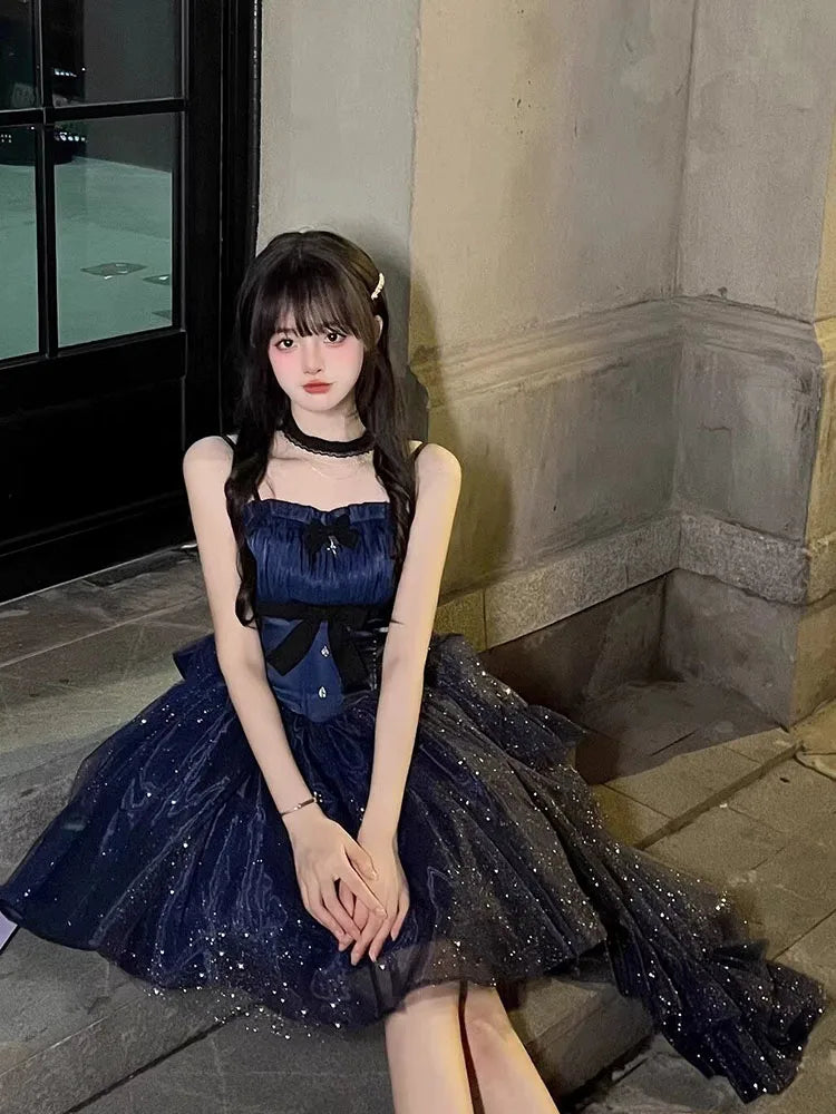 qgtao New Blue Color Dress Formal Cute Thin and Glittering Trailing Pettiskirt