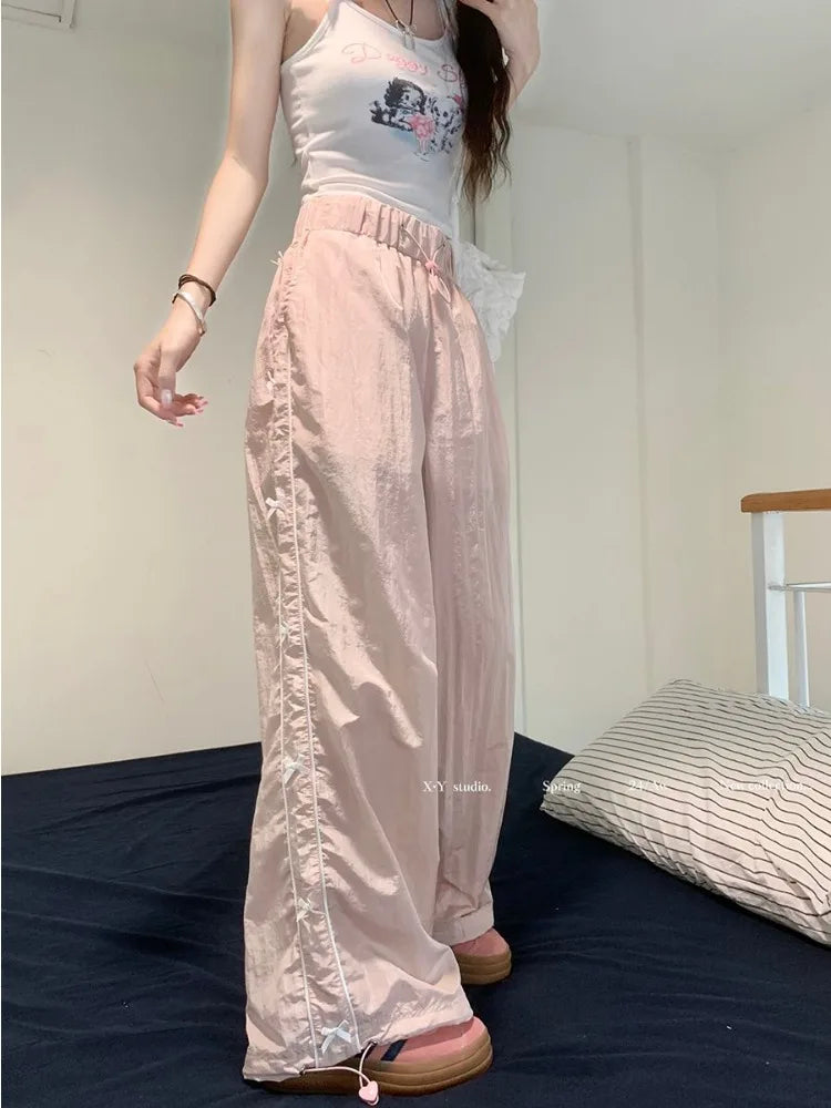 qgtao - Pink Sweet Y2k Parachute Pants Women Korean Style Coquette Baggy Joggers Bow Harajuku Kawaii Cute Wide Trousers Casual
