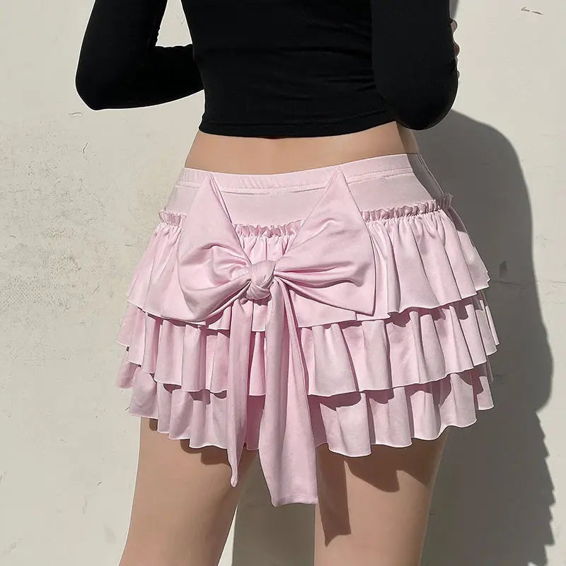 qgtao Coquette Pink Sexy Mini Skirt Women Ruffle Bow Sweet Kawaii Layered Short Skirt Lolita Pleated Solid Y2k Casual Skirts