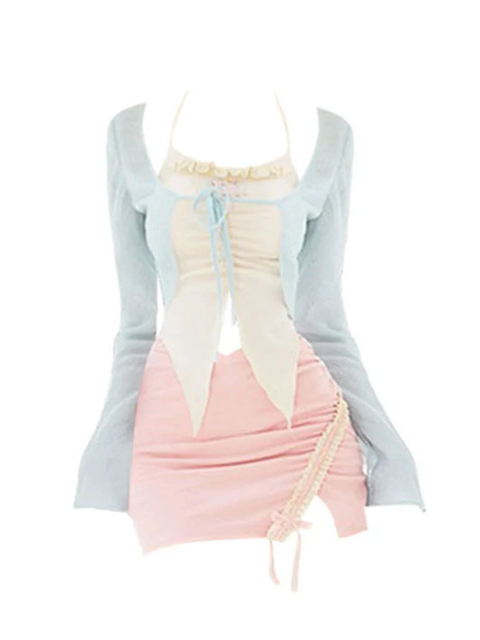 qgtao 2000s Japanese Fashion Gyaru Hot Sexy Fairy Core Outfits 3 Piece Set Kawaii Camisole + Coquette Bolero + Mini Micro Skirt
