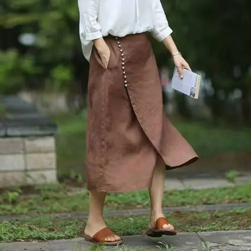 Women's Straight Skirt Spring Summer Cotton Linen A-line Skirt Female Solid Blue White Side Split Vintage Long Skirts Women