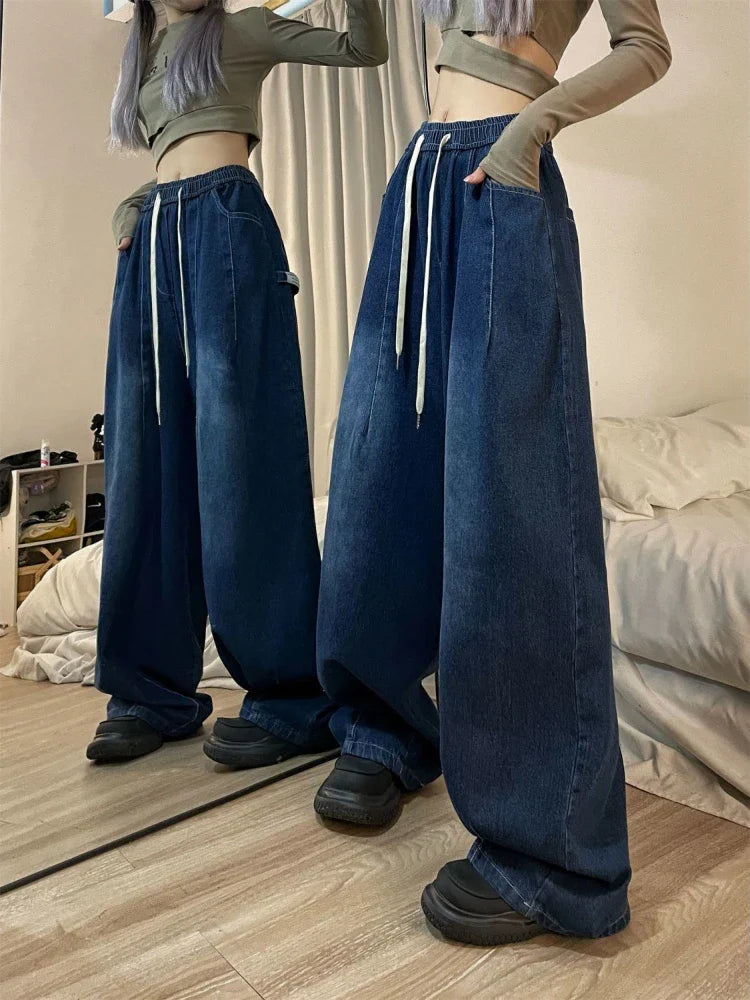 qgtao Women Vintage Baggy Jeans Y2K Elastic High Waist Oversize Street wear Trouser Denim Wide Leg Straight Basic Pants Spring