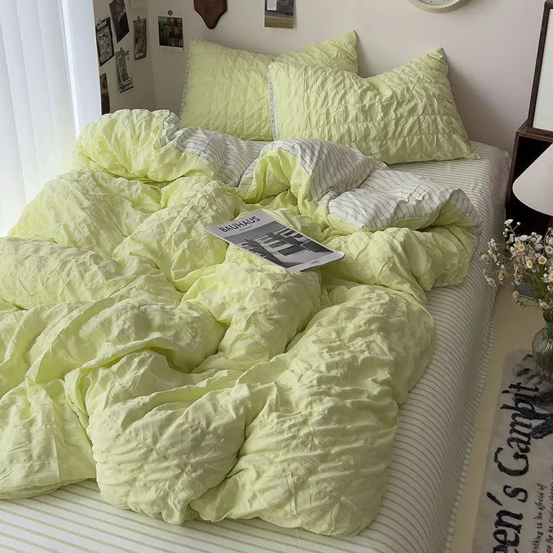Yeknu Seersucker Princess Girls Bedding Set Duvet Cover Korean Four PIECE Washed Cotton Bed Sheet Cover Quilt Set