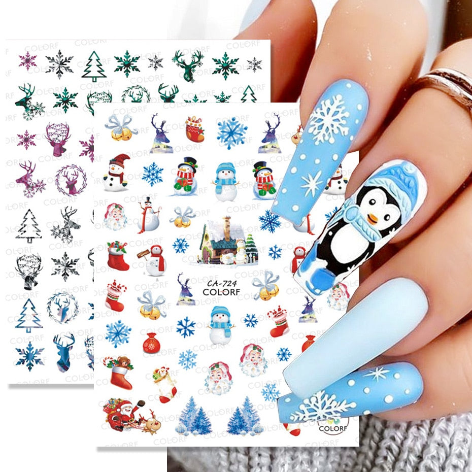 3D Christmas Sticker for Nails Cute Cartoon Sliders Snowflake Elk Xmas Tree Decal Gel Polisn Manicure Nail Art Decor SACA717-724