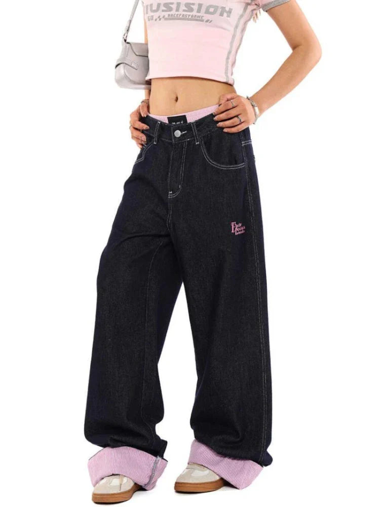 qgtao - Y2k Pink Stripe Patchwork Denim Pants Women Streetwear Vintage Baggy Korean Embroidery Jeans Trousers Harajuku Bottoms