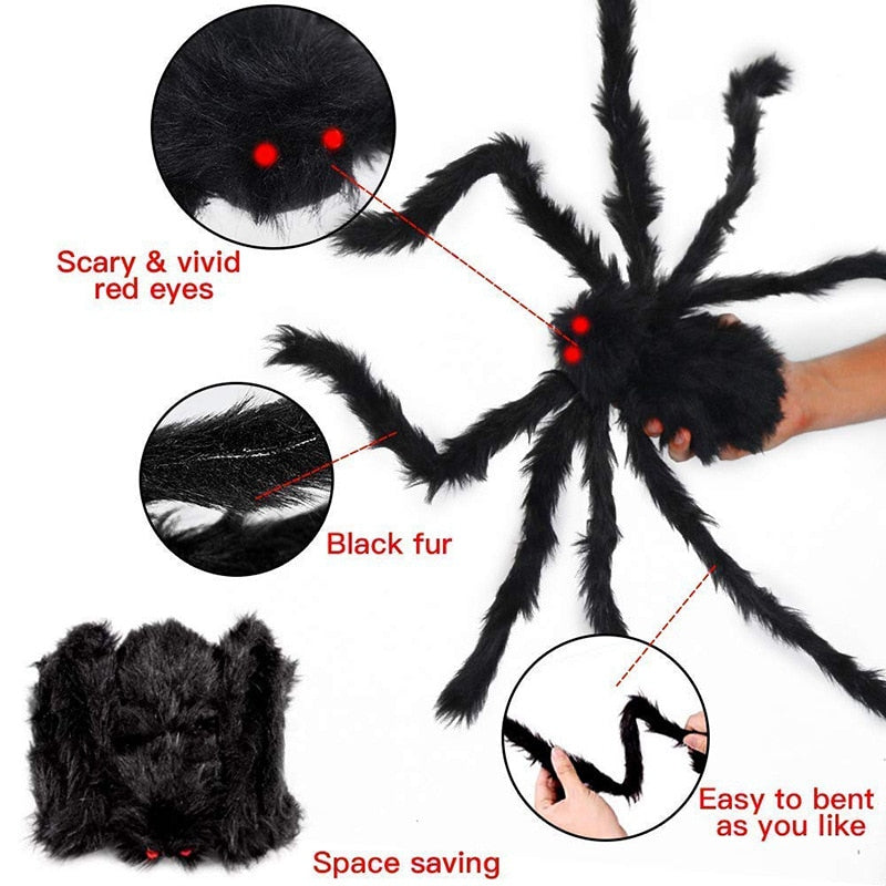 30cm, 50cm, 75cm, 90cm Oversized Plush Black Spider Halloween Party Decoration Outdoor Home Bar Haunted House Horror Props