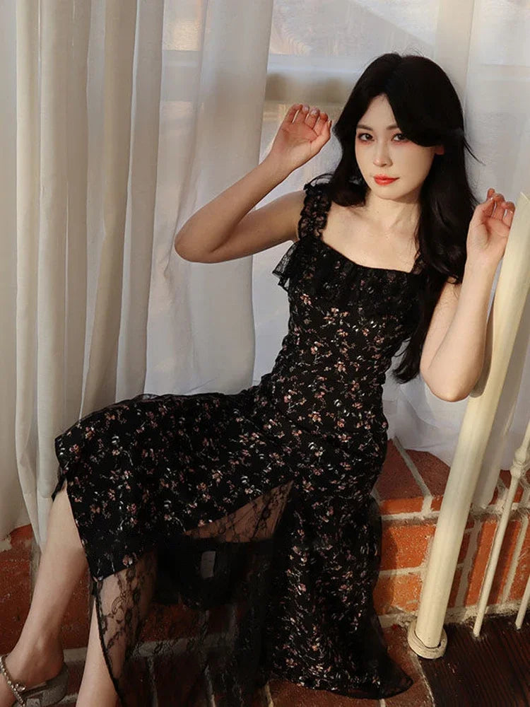 qgtao Sexy Elegant Floral Fairy Strap Dress Women Lace Design Korean Slim Party Dress Female 2024 Autumn Black Causal Sweet Midi Dress