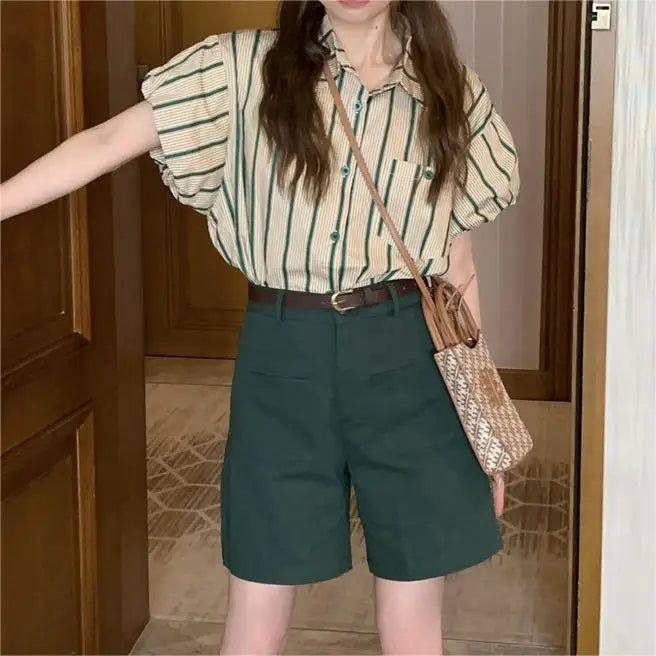 qgtao 2024 Summer Short Sleeve Slim Green Striped Shirt Sets Women Korean Style t Shorts Suits New In Clothing Tops