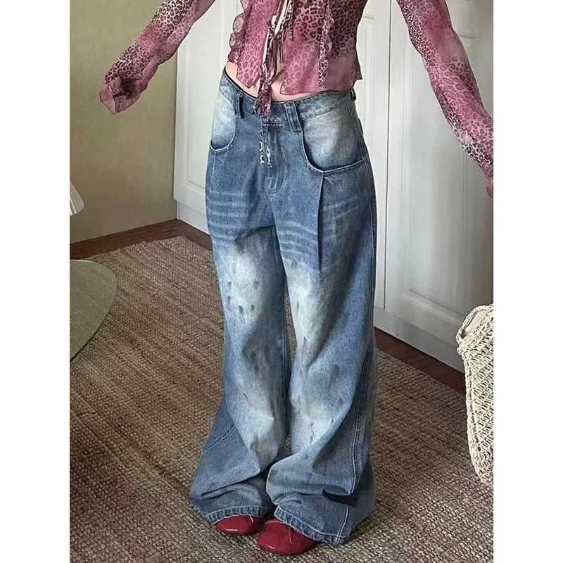 qgtao - Autumn Womens Blue Jeans High Waist Baggy Casual Vintage Y2K Design Sense Straight Pants Street American Wide Leg Denim Trouser