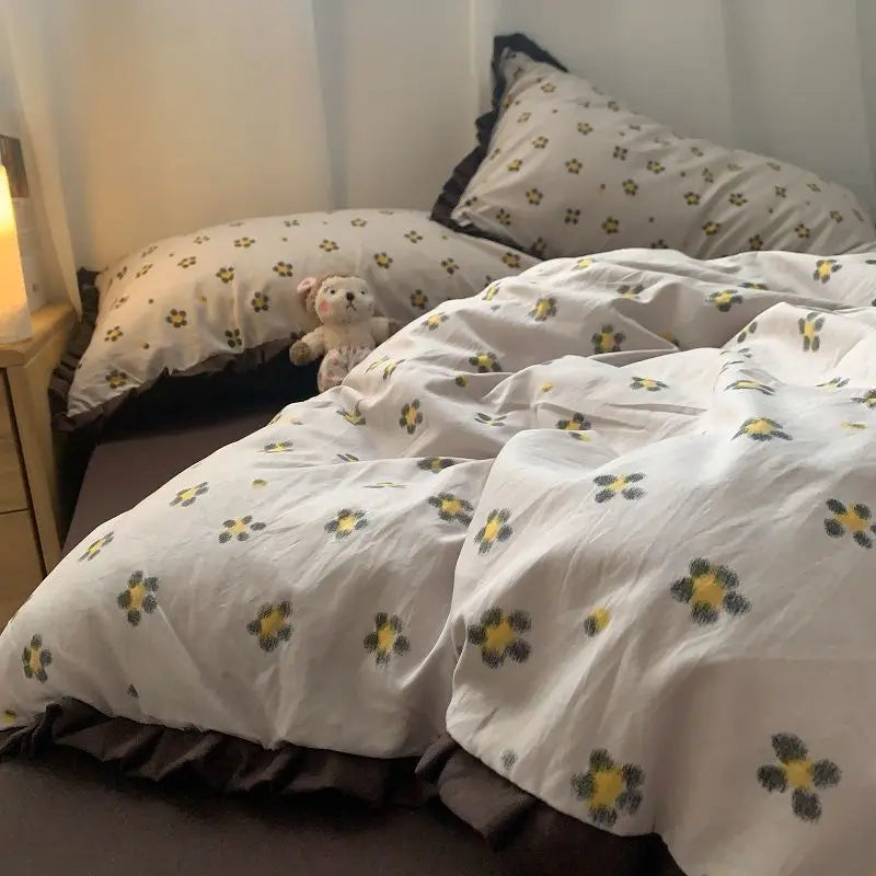 Yeknu French Style Bedding Set Pastoral Colored Grape Double-layer Gauze Light Purple Washing Cotton Duvet Cover Bed Sheet Comforter