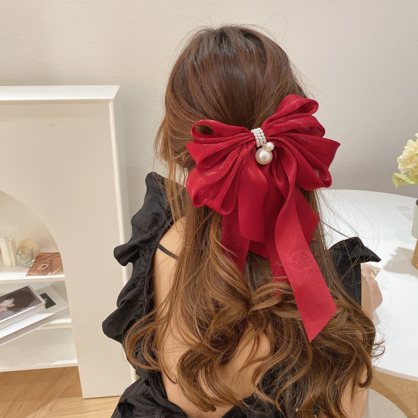 summer New Pearl Pendant Big Organza Bow Hair Clip Fashion Hair Accessory Women's Large Ribbon Bow Hairpin Head Back Top Clip
