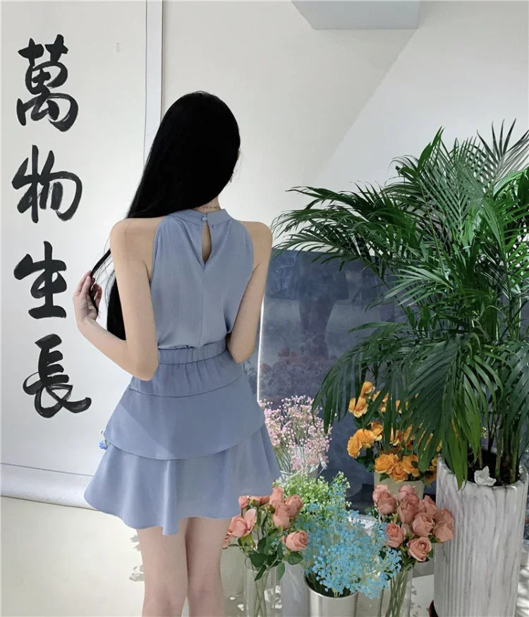 qgtao Two Piece Set Women Y2k Crop Tank Tops Loose Solid Fashion Camis Sleeveless Blouse High Waist Skirts Elegant Suits Ladies Korean