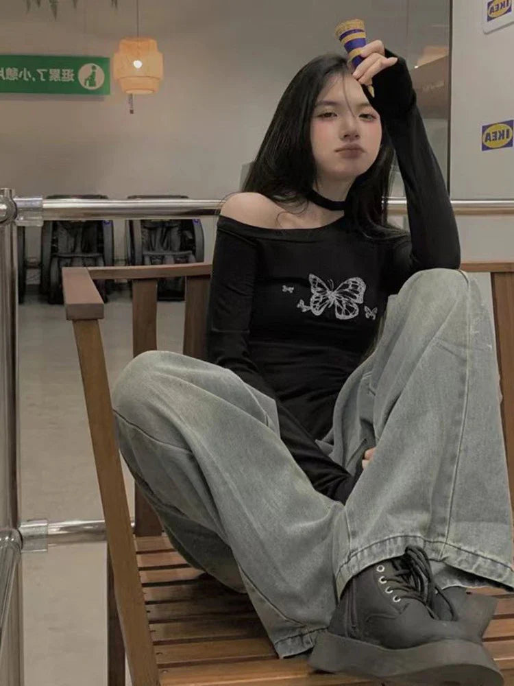 Butterfly T-shirt Women Graphic Top Girl Sexy Off Shoulder Long Sleeve Top Female Harajuku Slim Fashion Slim Gothic Tees Summer