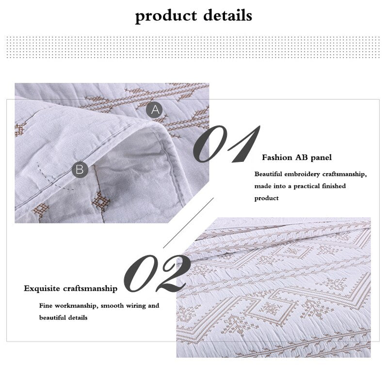 Yeknu Double Bed Cover Geometric Embroidery Plain 3 Piece Quilted Quilt Pillowcase Free Shipping