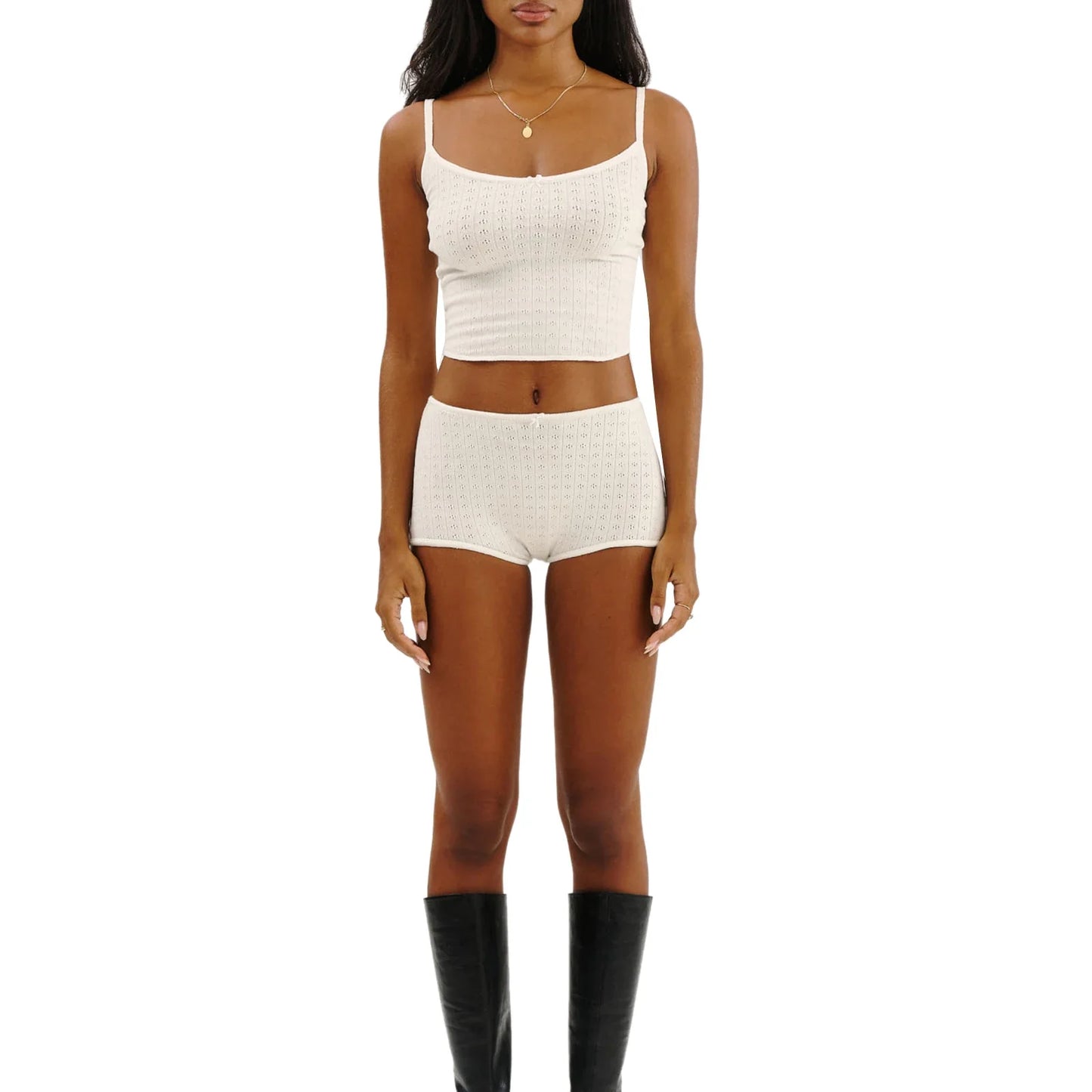 qgtao Women Floral Hollowed Print Two Pieces Outfit Y2K Sleeveless Cami Cropped Tank Tops High Waist Shorts Pajamas Set sleepwear