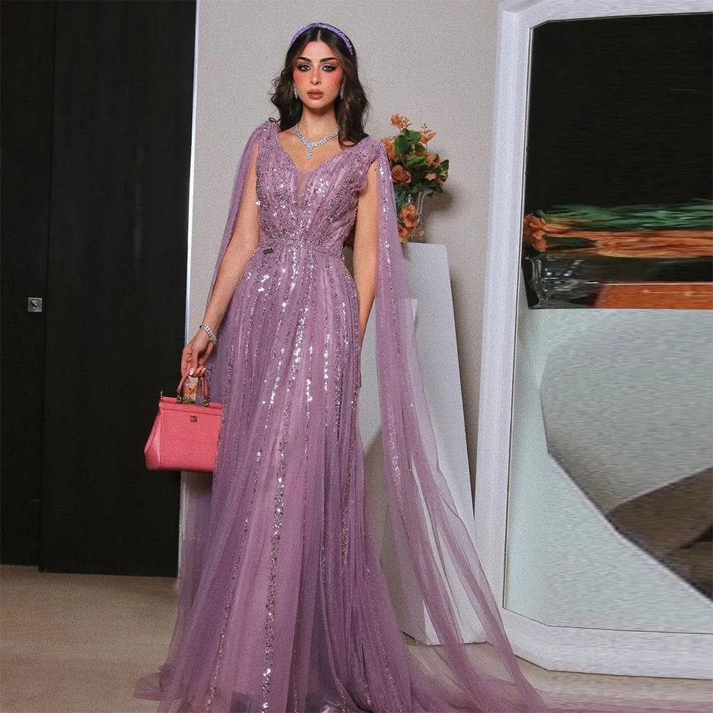 qgtao vintage Purple Beading Sequined Prom Dresses Cap Sleeves Saudi Arabic A-Line Evening Gowns Formal Occasion Dress 2024