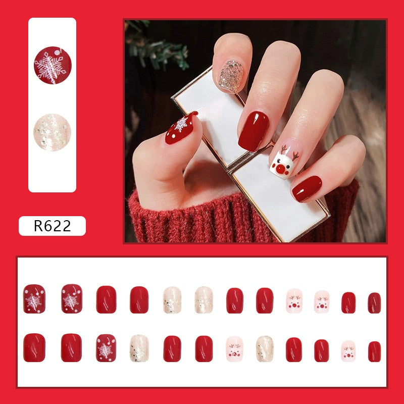 24pcs/Box Detachable Coffin False Nails Wearable French Ballerina Christmas Fake Nails Full Cover Nail Tips Press On Nails