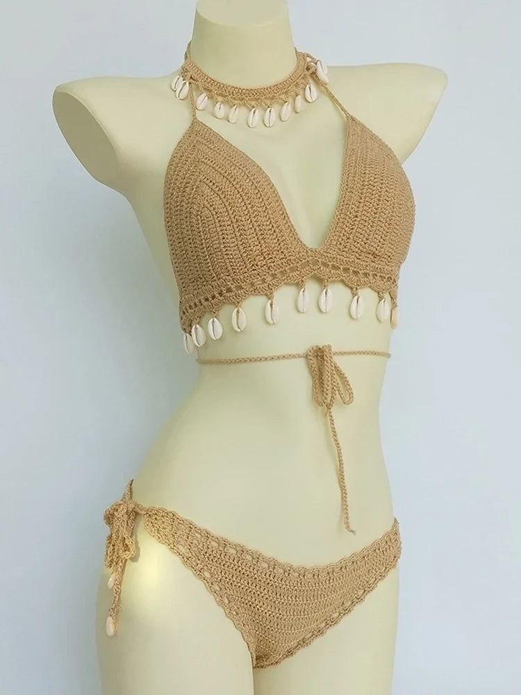 qgtao 4 pieces Woman Bikini Set Crochet Shell Tassel Top Sexy Thong Bottom See-Through Hollow Out Bandage High Waist Short Beach Skirt