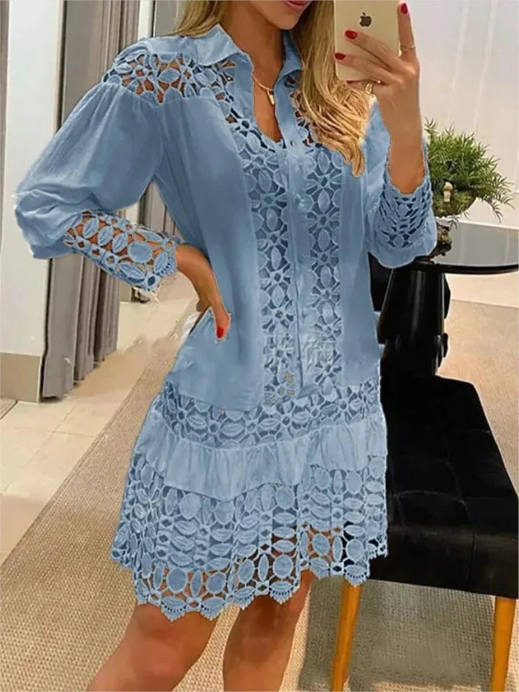 qgtao Women Lace Stitching Sexy Hollow Out And Transparent Dress Not Lined Elegant Office Spring Casual Long Sleeve White Shirt Dress