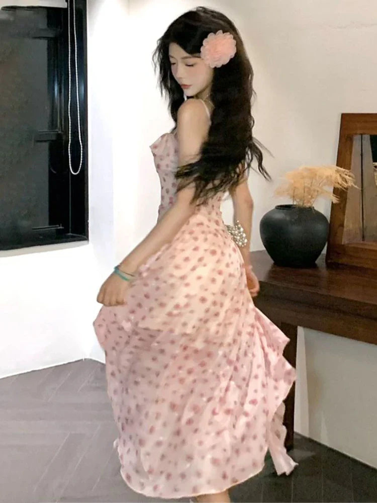 qgtao Autumn Korean Floral Midi Dress Women Sweet Chic Irregular Printing Fairy Strap Dress Fashion Princess Evening Party Dress 2024