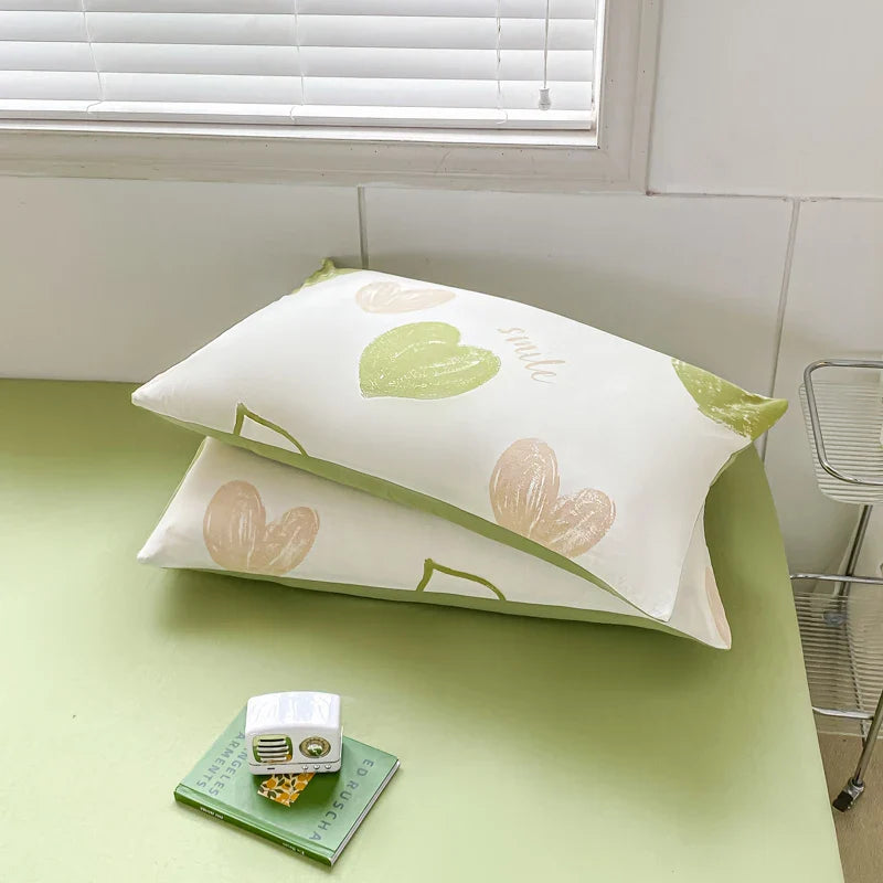 Yeknu Sweet Green Heart-Shaped Princess Girls Duvet Covers Simple Quilt Cover Bed Flat Sheet Pillowcase Washed Cotton Bed Linens