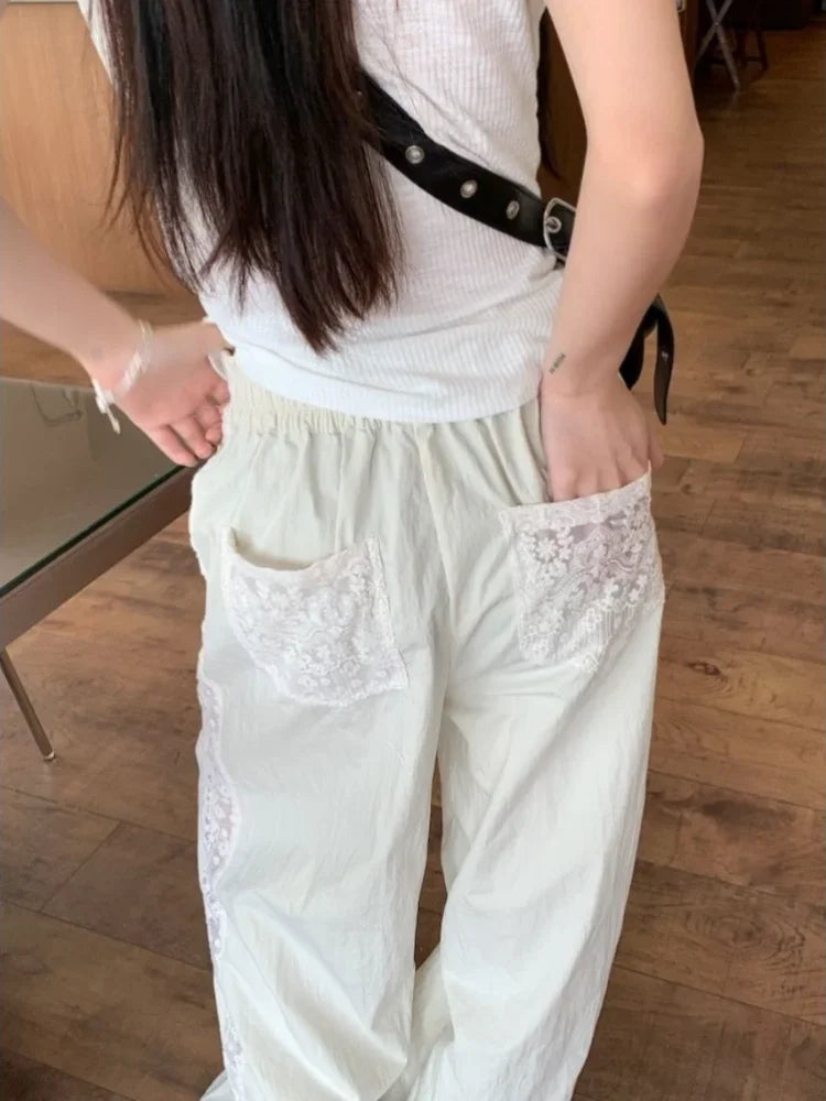 qgtao - Beige Striped Wide Leg Pants for Women Lace Patchwork Straight Trouser Elastic Waist Summer Fashion Casual Bottoms Mujer
