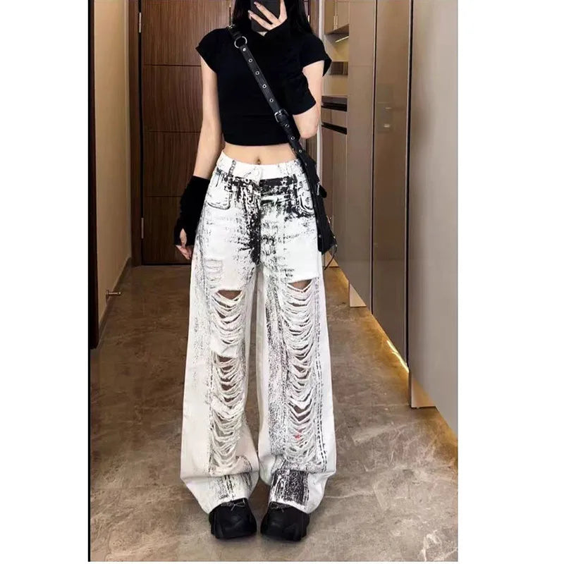 qgtao - Women Grey Ripped Jeans High Waist America Feeling Street Wide Leg Pants Y2K Vintage Ins Straight Baggy Plus Size Denim Trousers