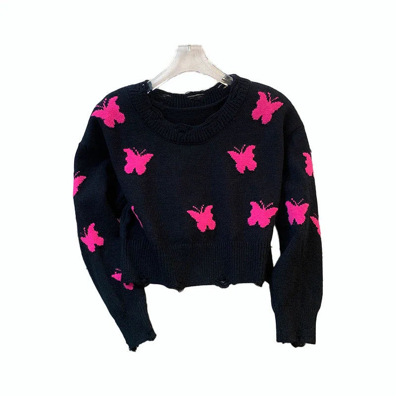 qgtao 2024 Fall fashion new Korean version design sense holes chic butterfly short crew-neck sweater long sleeve sweater women