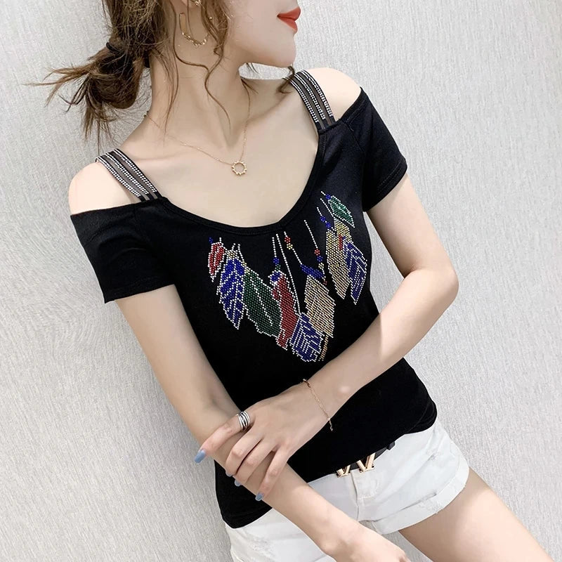 Runway Fashion European Women's Clothes Sexy Off Shoulder Letter Shiny Diamonds T-Shirts Luxury Brand Mesh Tees Tops Blouse