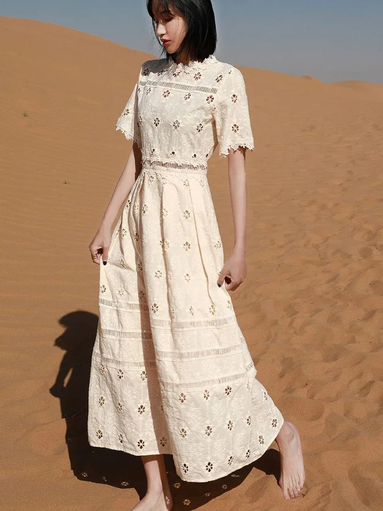 qgtao Boho Elegant Chic Maxi Dress Hollow Out Casual Summer Women Dresses Sheer Sexy Holiday Casual Ladies Dress Vestidos