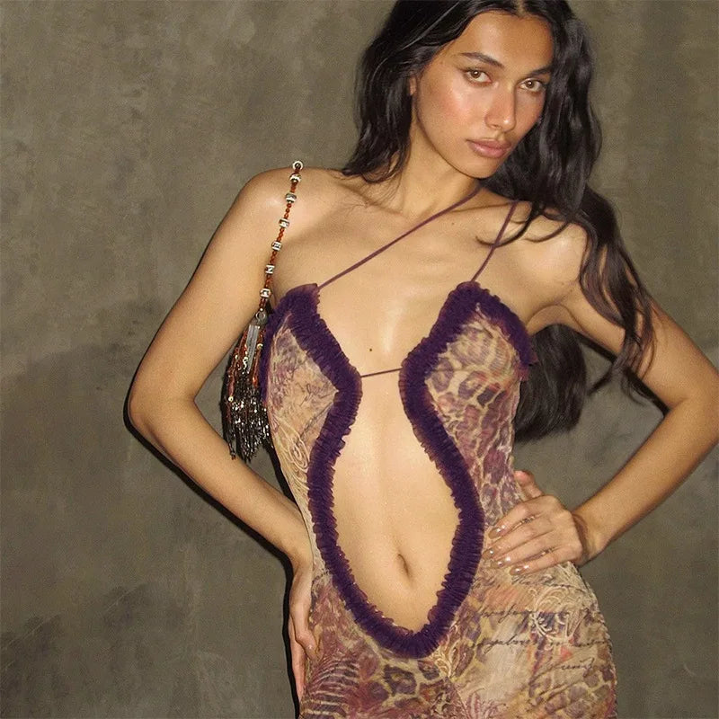 Frilly Halter Backless Split Long Dresses for Women Y2k 2000s Aesthetic Print Maxi Dress Sexy Party Outfits