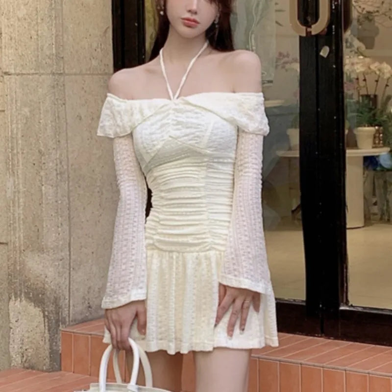 qgtao Autumn Elegant Y2K Short Dresses for Women Slash Neck Flare Sleeve Lace-up Halter A-line Slim Waist Korean Fashion Mini Vestidos