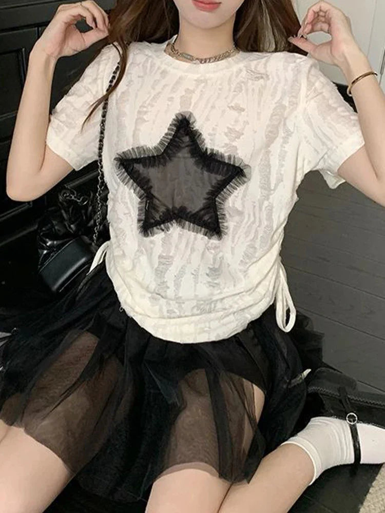 qgtao Y2K T Shirts Women Summer Short Sleeve Top Female Harajuku Fashion Star Print Tee Ladies Vintage Hotsweet Drawstring Camisetas