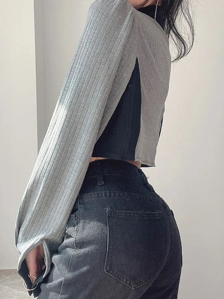 qgtao Y2k Aesthetic T-shirts Women Metal Buckle Design Crop Top Ladies Long Sleeve Patchwork Hot Girl Slim Tees